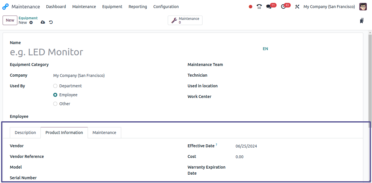 Goto Product Information Tab in Equipment