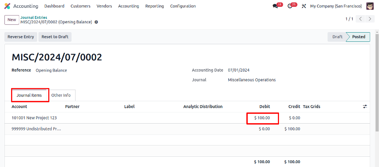 Check Debit and Credit in Journal Items Tab