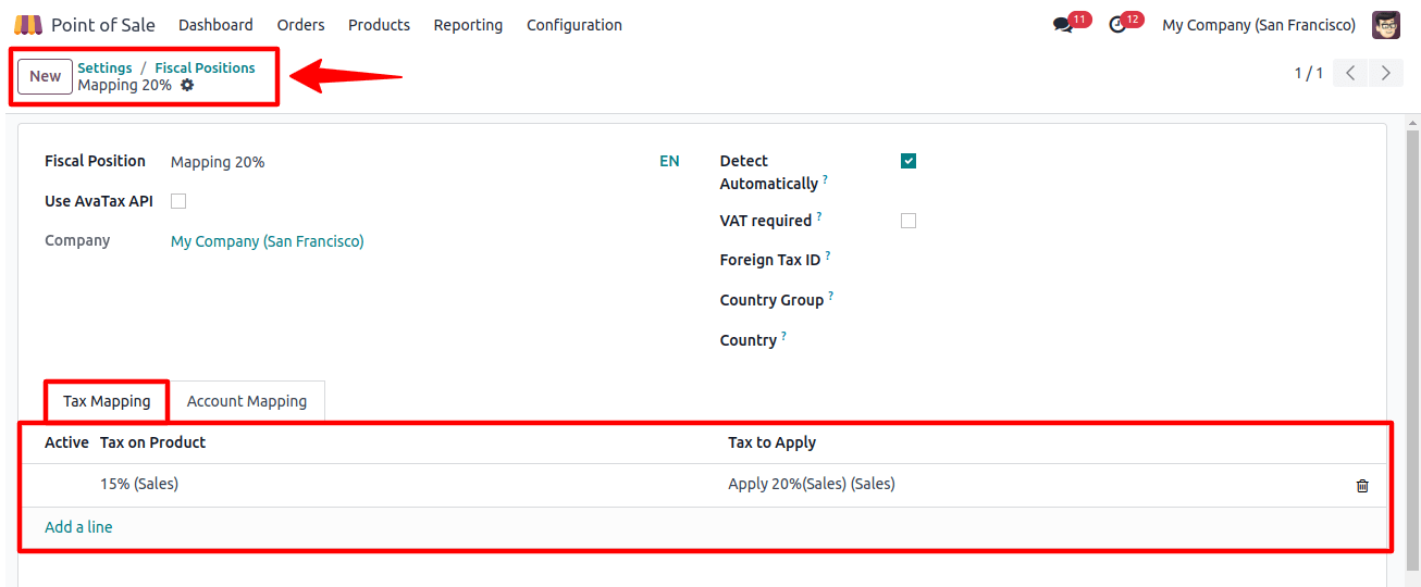 POS Fiscal Positions Mapping 20% Tax mapping