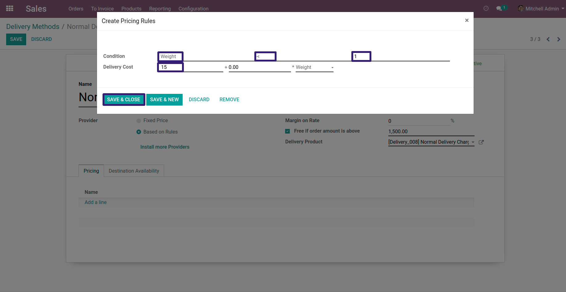 Add Condition and Cost then Click on Save Button in odoo