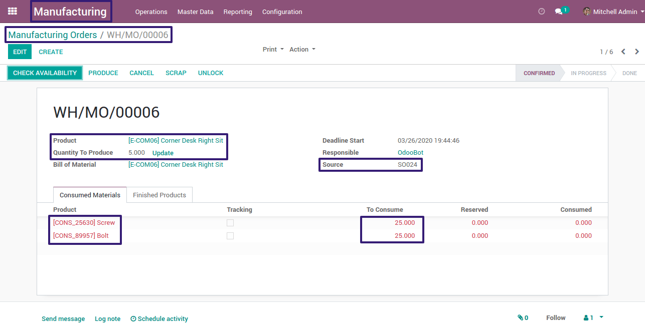 Manufacturing Order created from SO  in odoo