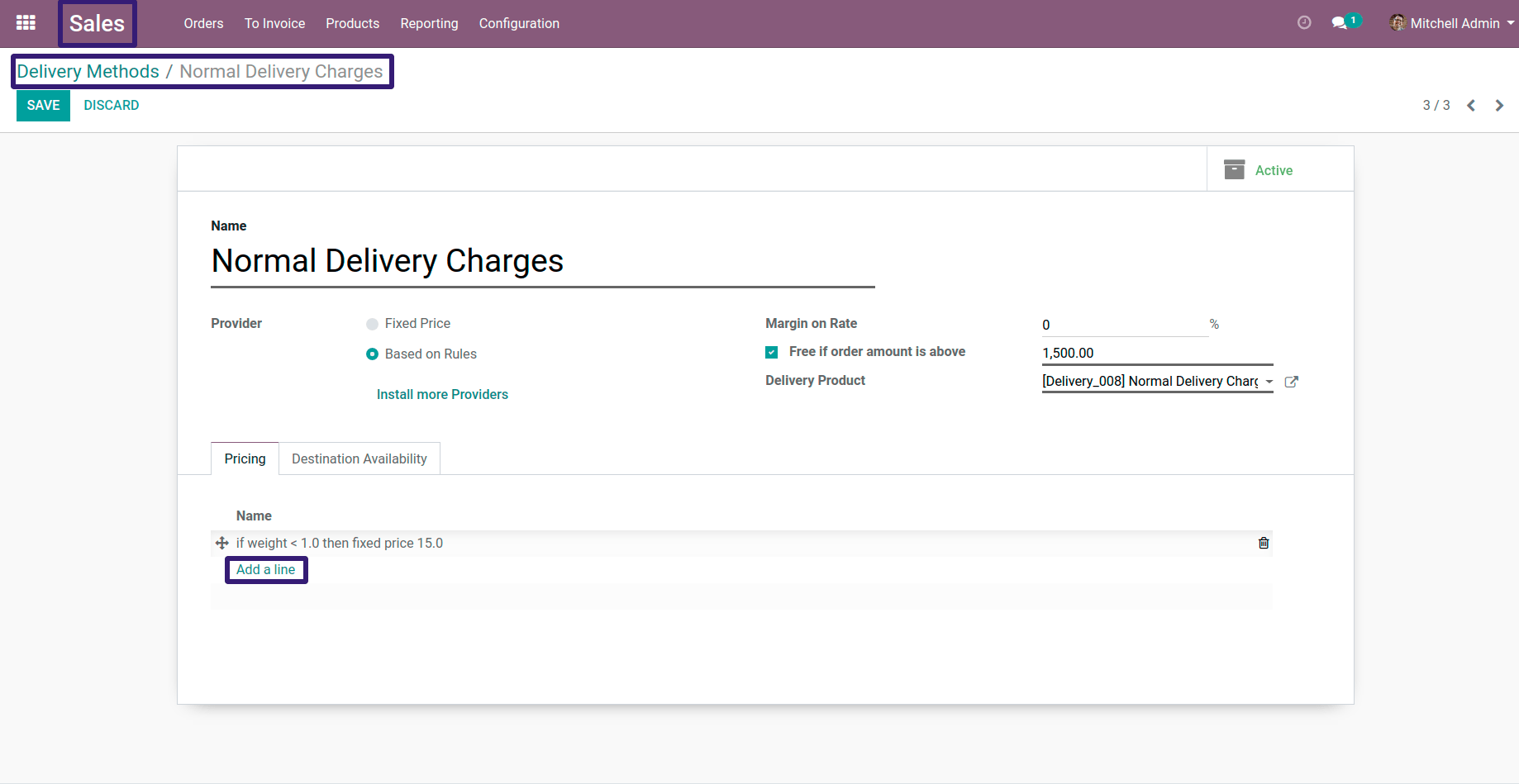 Click on Add a Line for Add Pricing Rule in odoo