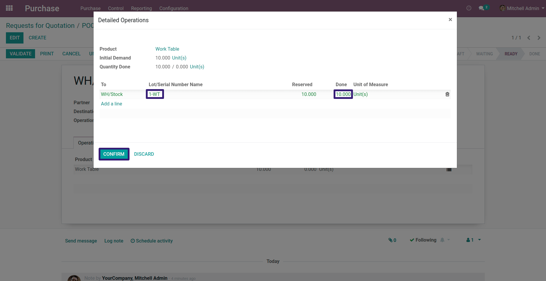 i added Quantity and click on the Confirm button in odoo