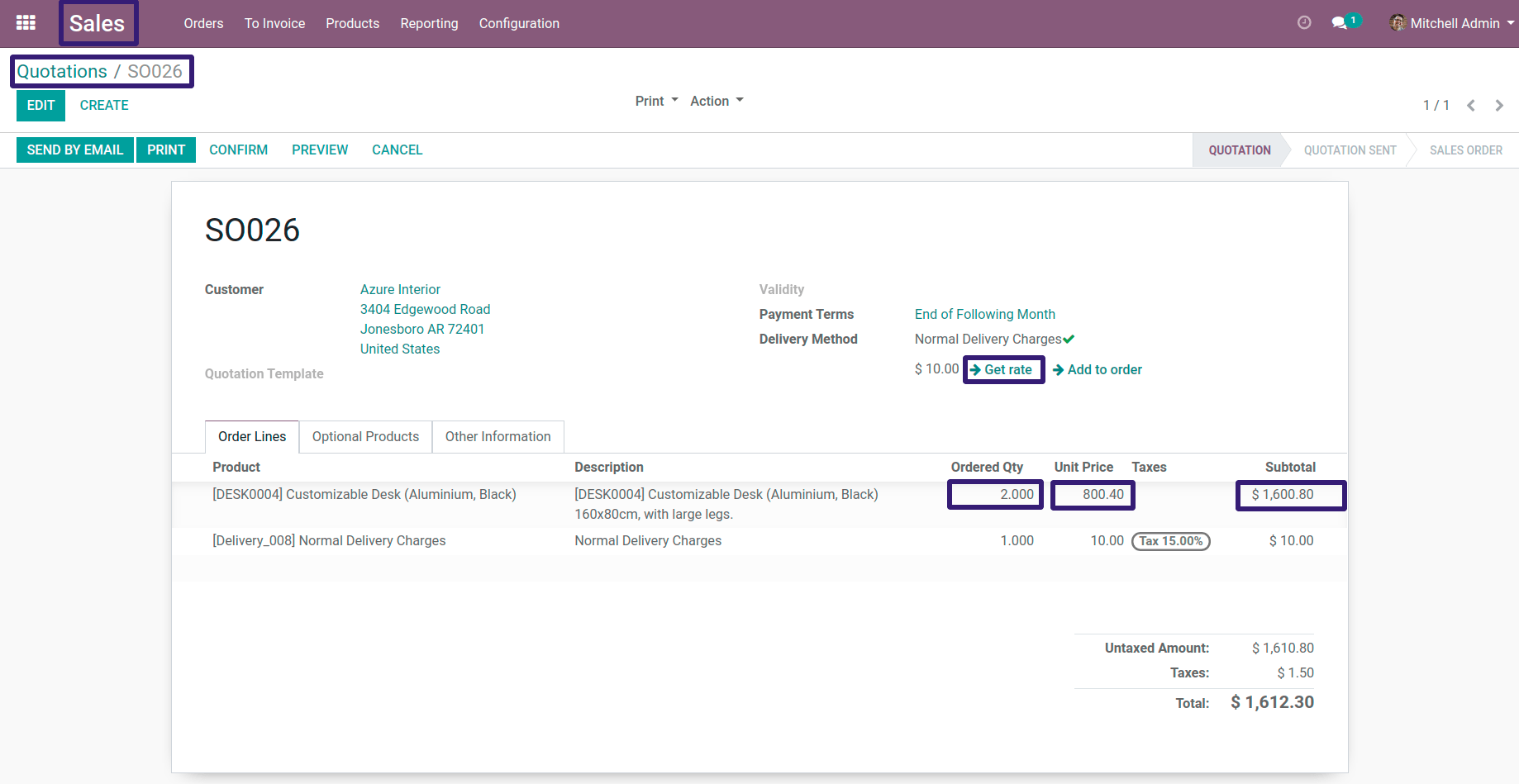 Edit the Quotation and Then Click on Get rate Button in odoo