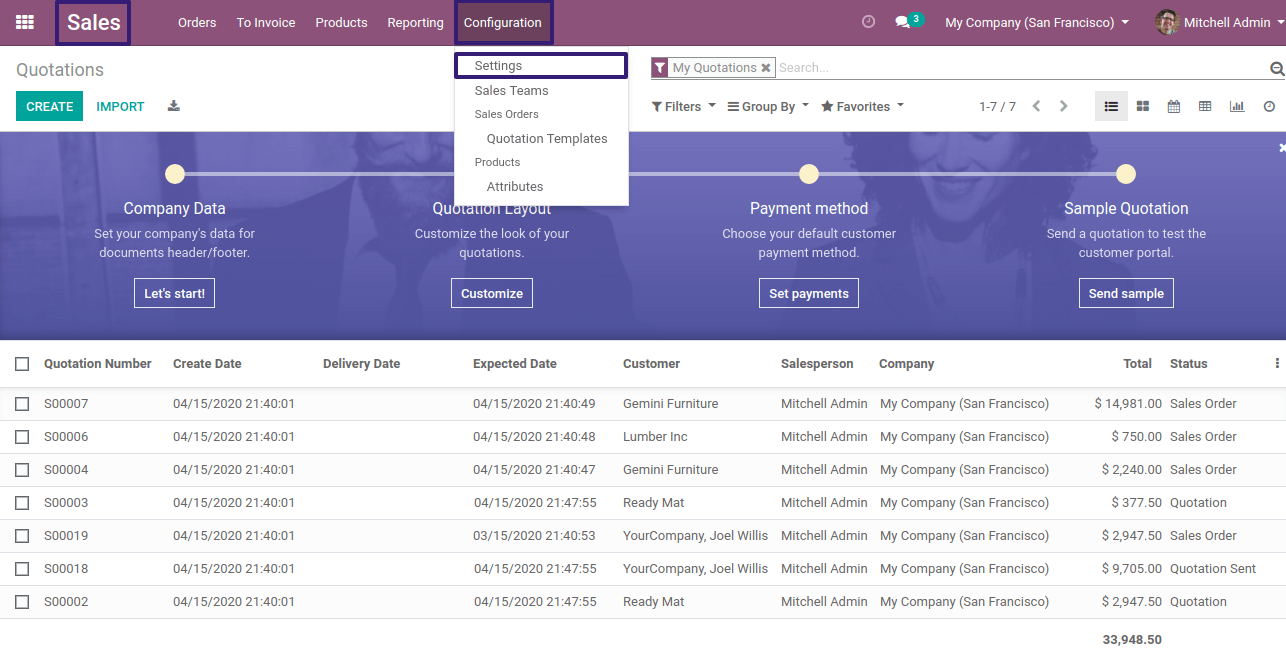 Click On Sales Setting In Odoo 13