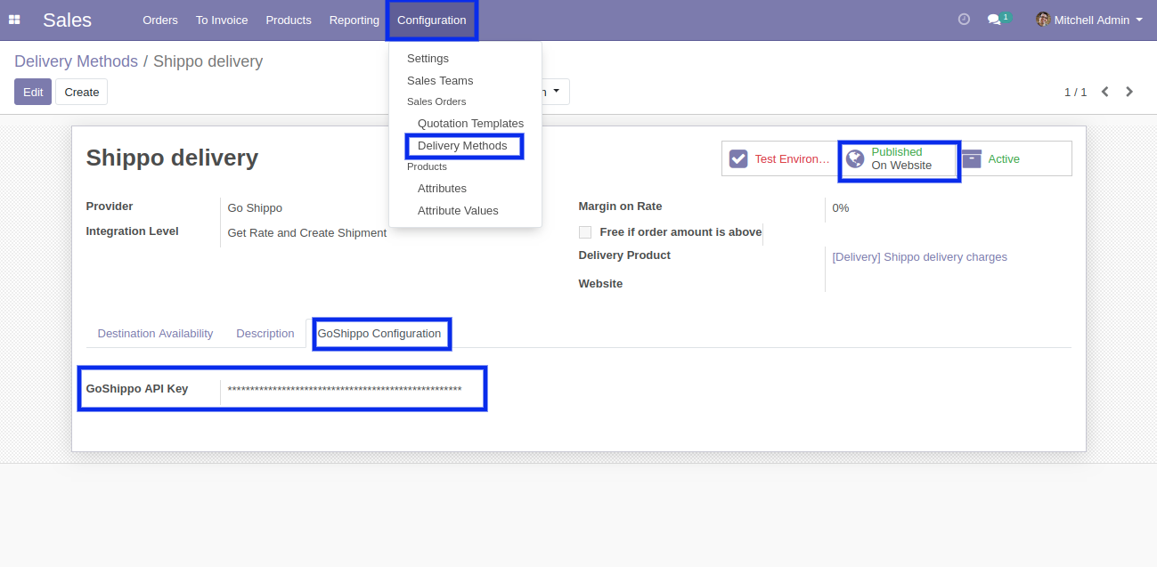 GoShippo Publish On Website in odoo