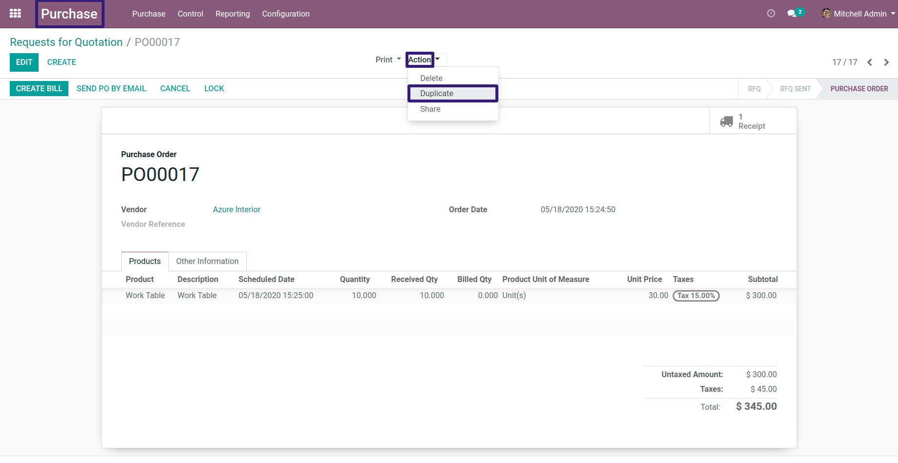 Duplicate the Purchase Order in odoo