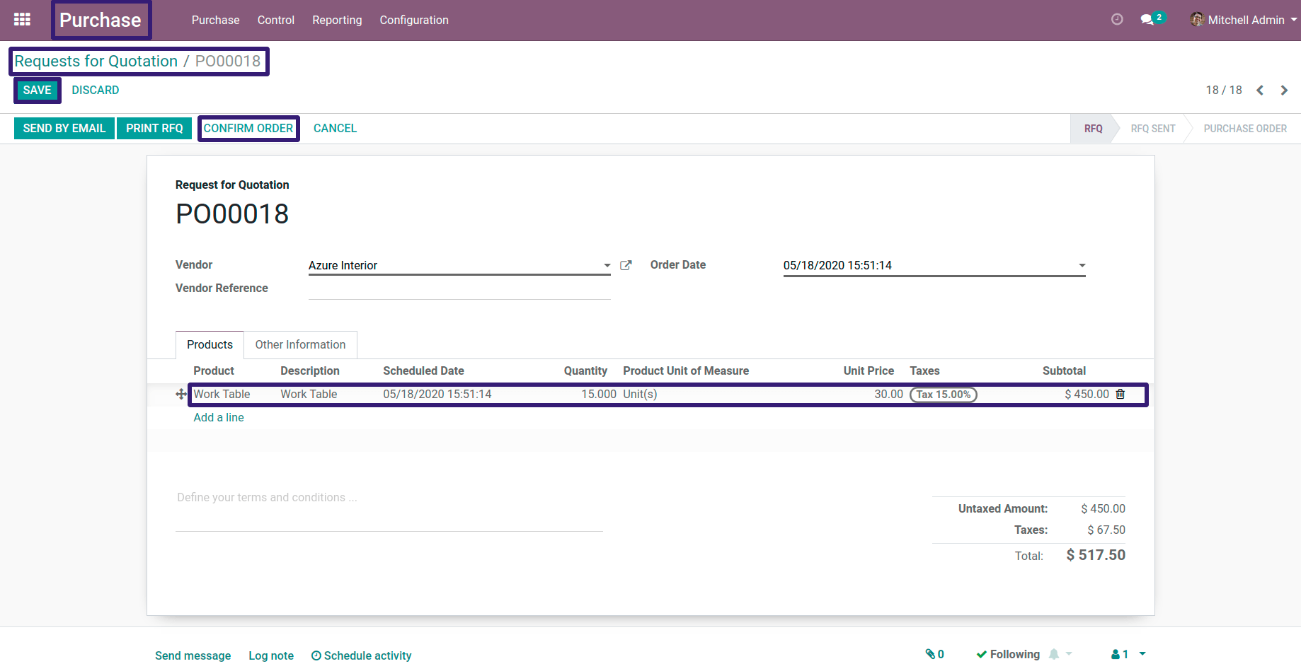 Add the Quantity with Unit Price and Save the Record and Click on Confirm Order