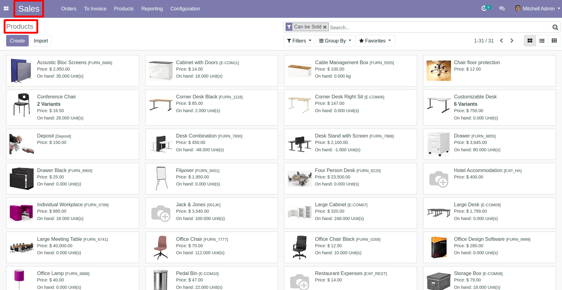 Products View in Odoo