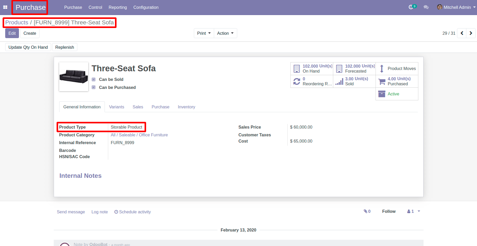 Select a Product and Product Type must have Storable in Odoo