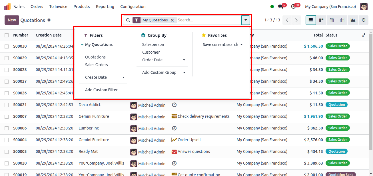 sorting and filtering choices