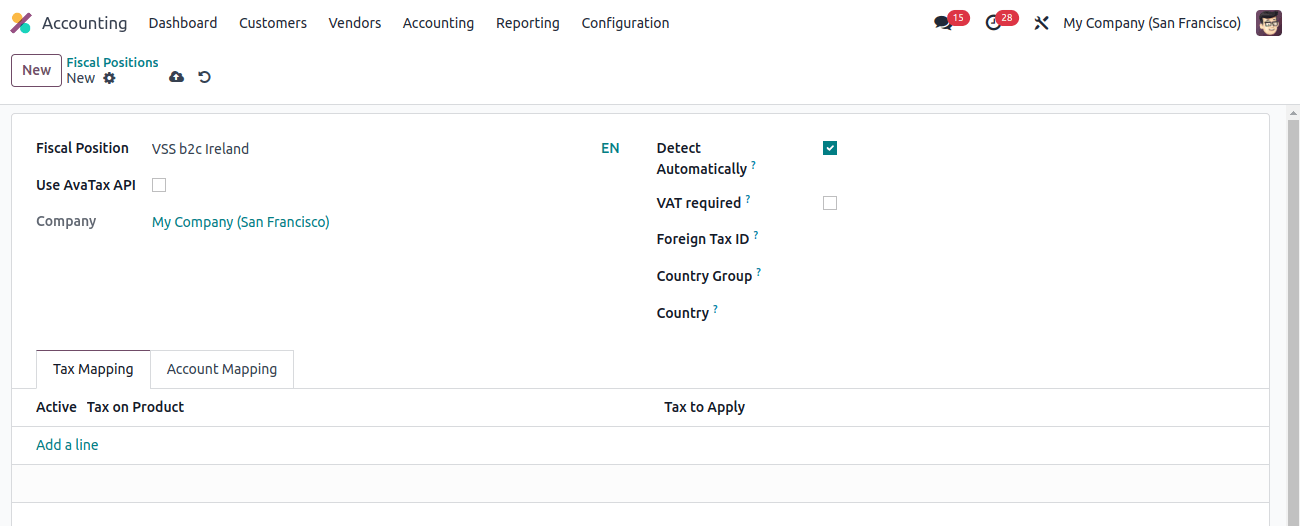 Accounting Fiscal Positions Form view