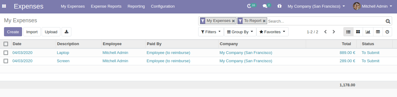 Expenses List View In Odoo 13