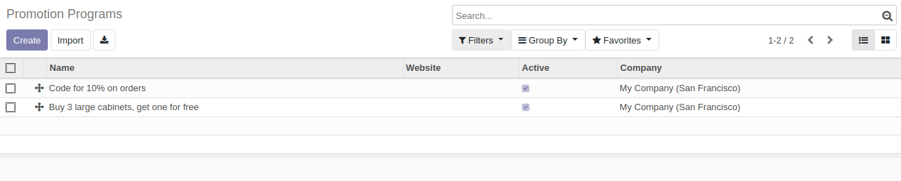 List View Of Promotion Program In Odoo eCommerce