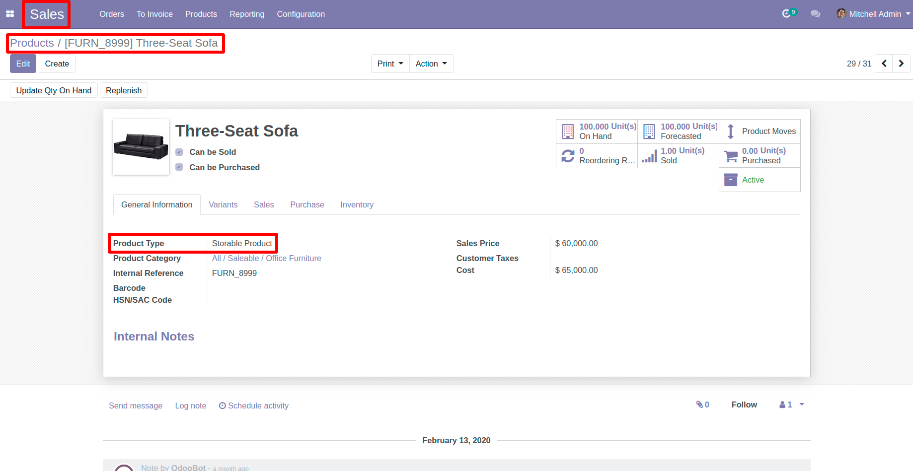 Select Product with Storable Type in Odoo