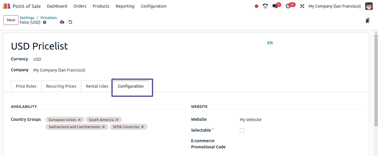 POS Pricelists Configuration Tab