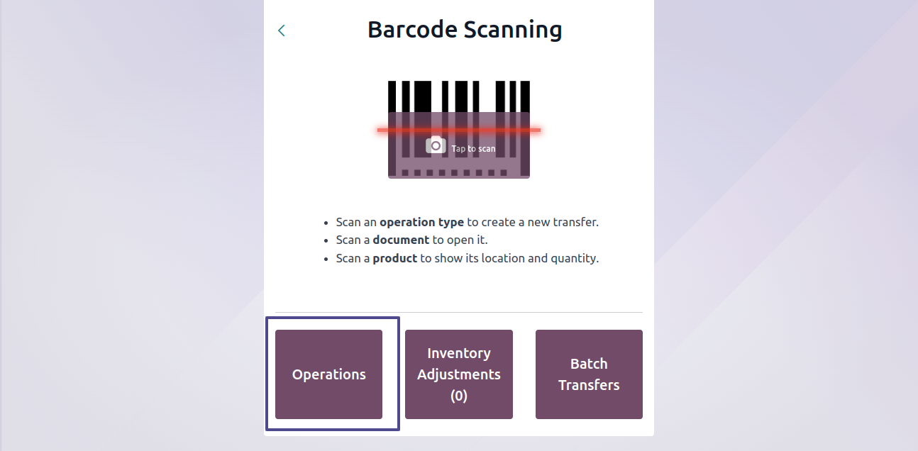 Open Barcode App to Scan Barcode for Manufacturing Order