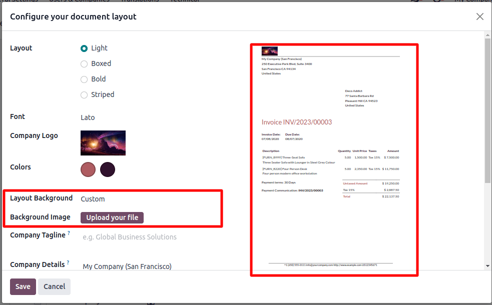 Background in Invoice Layout