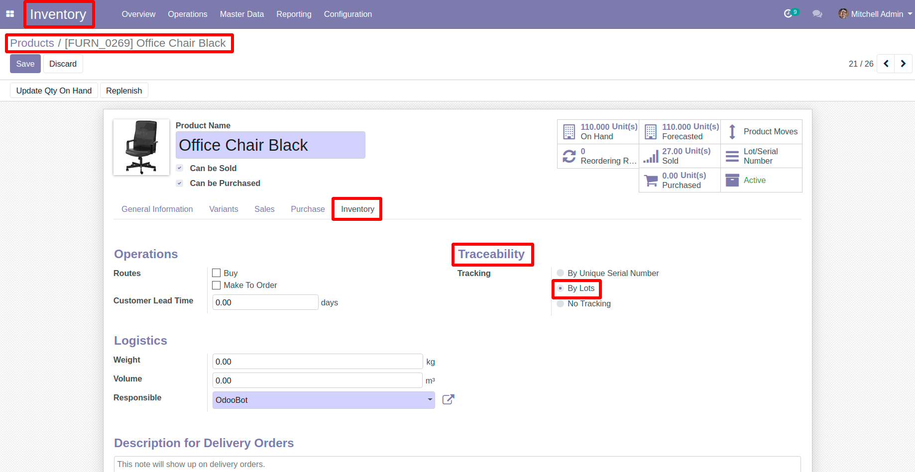 Goto Inventory Tab in Products in Odoo