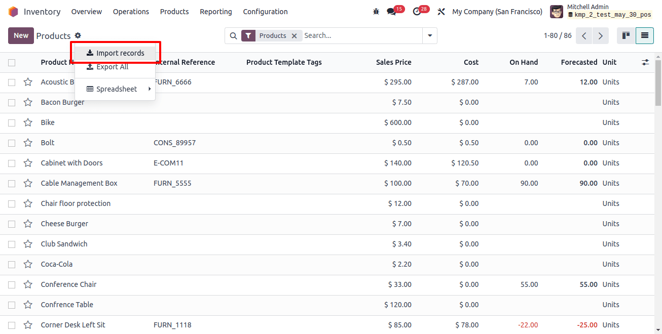 Inventory Import record