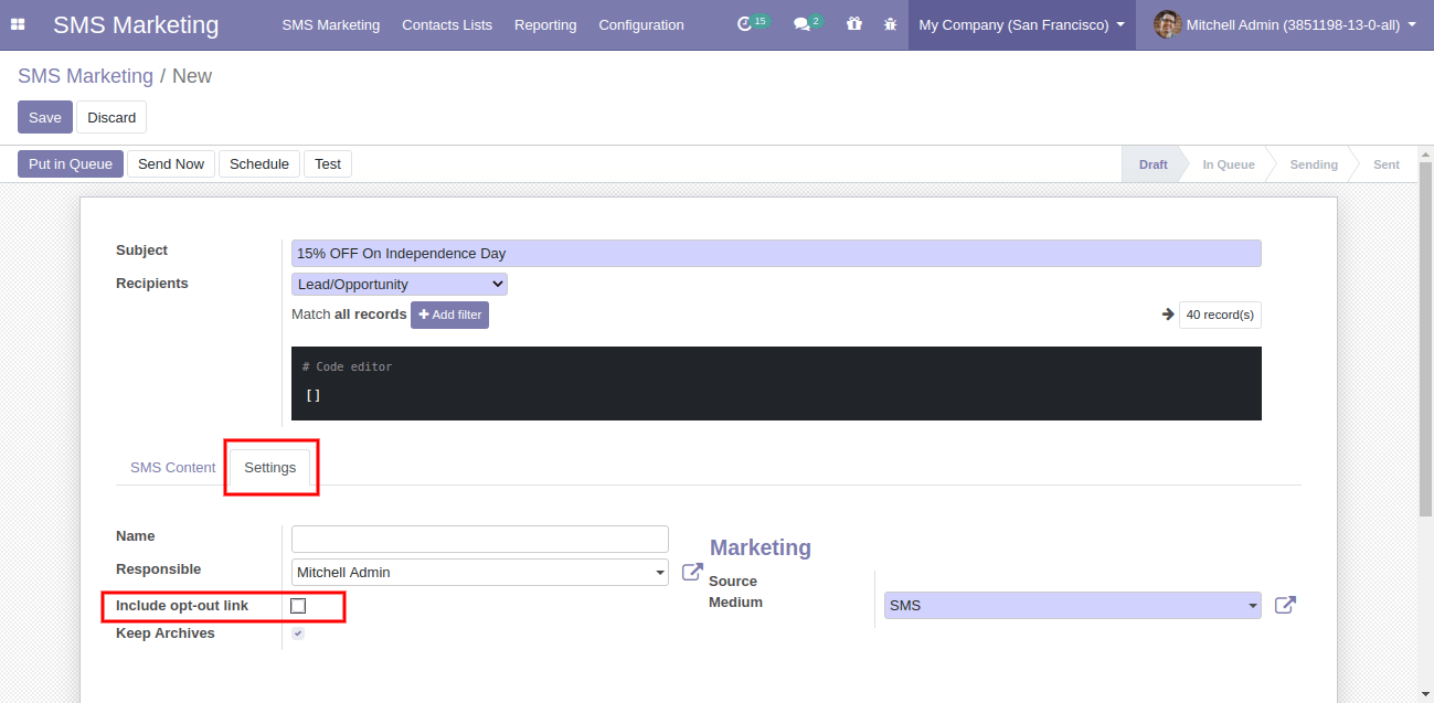 SMS Marketing Settings In Odoo 