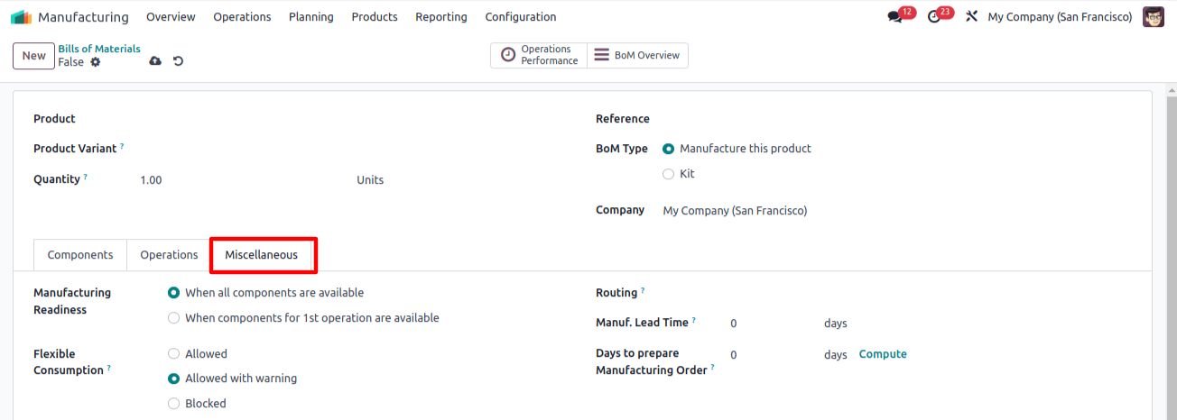 Bill Of materials miscellaneous