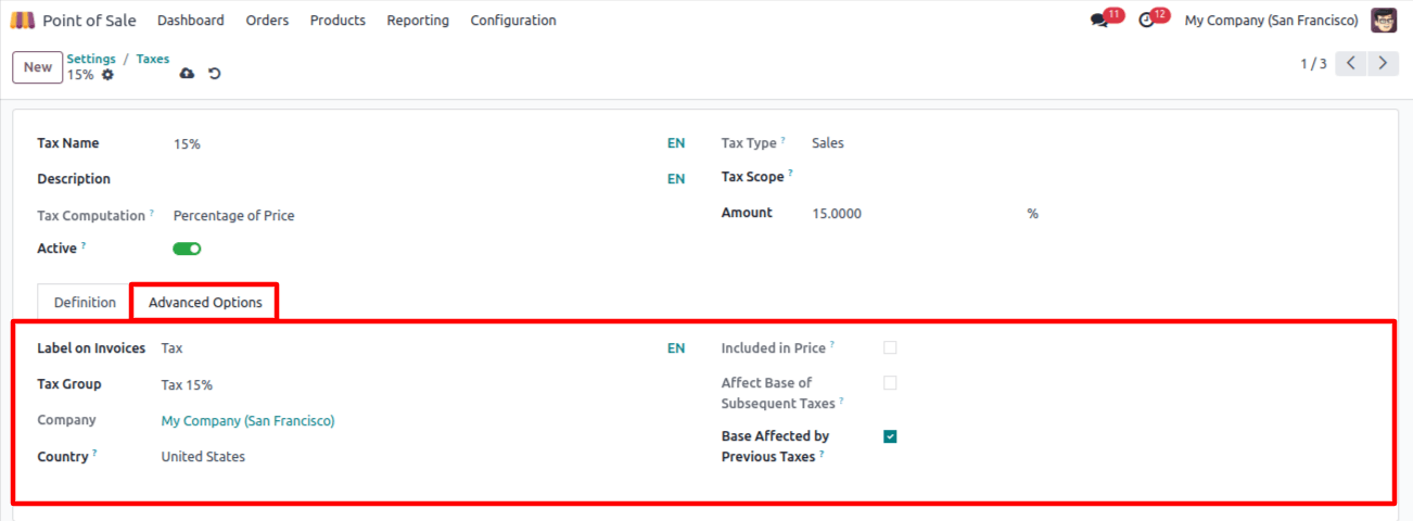 POS Taxes 15% Advanced Options