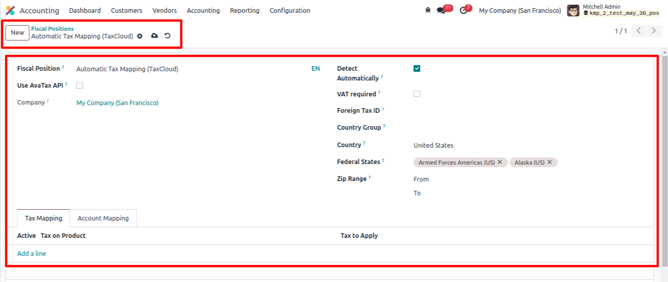 Accounting fiscal Positions automatic tax mapping