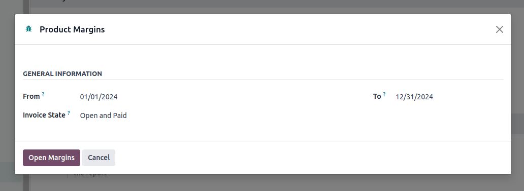 Product Margins PopUp
