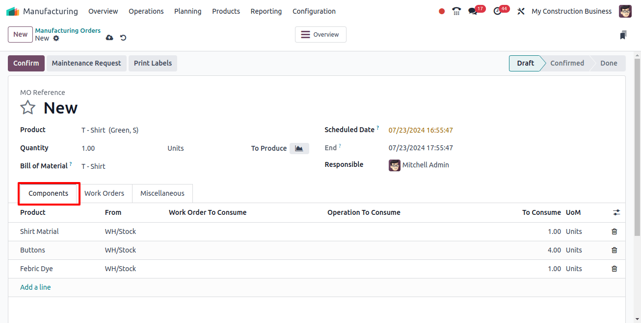 Manufacturing order Components