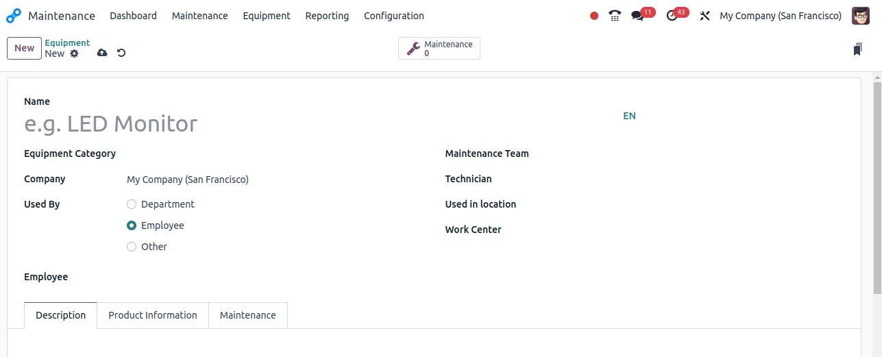 Add Data in Fields for Equipment in Odoo