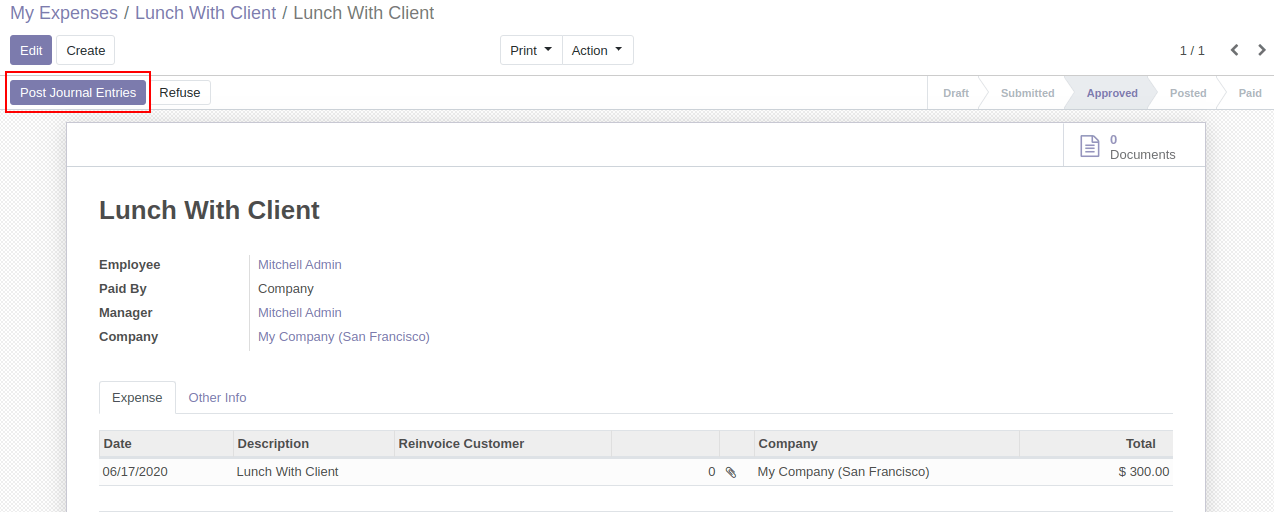 Manager Will Approve this Expense Report and it Will ask for Post Journal Entries to Make Payment.