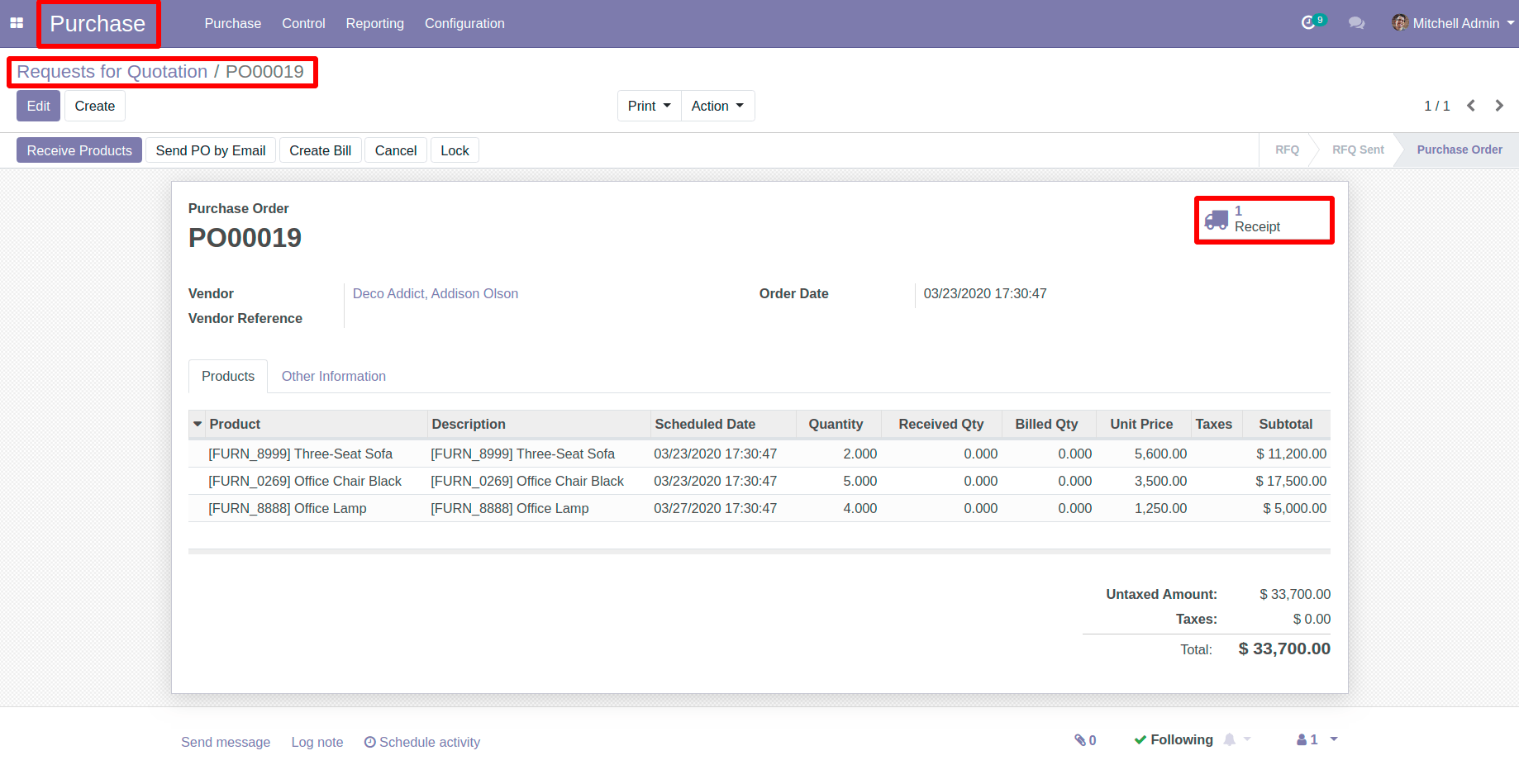 Click on Receipt Smart Button in Odoo